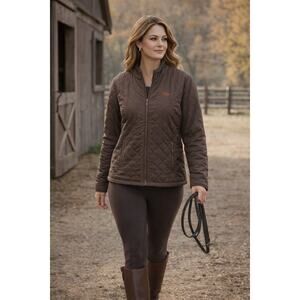 Equestrian Quilted Riding Jacket Horse Logo Lightweight Barn Coat Large  Brown